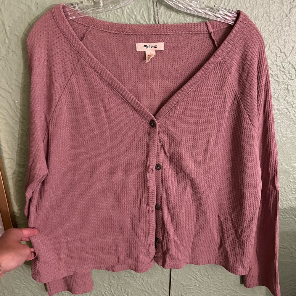 Madewell Mauve Relaxed Fit Cropped Waffle Cardigan Size Small.
